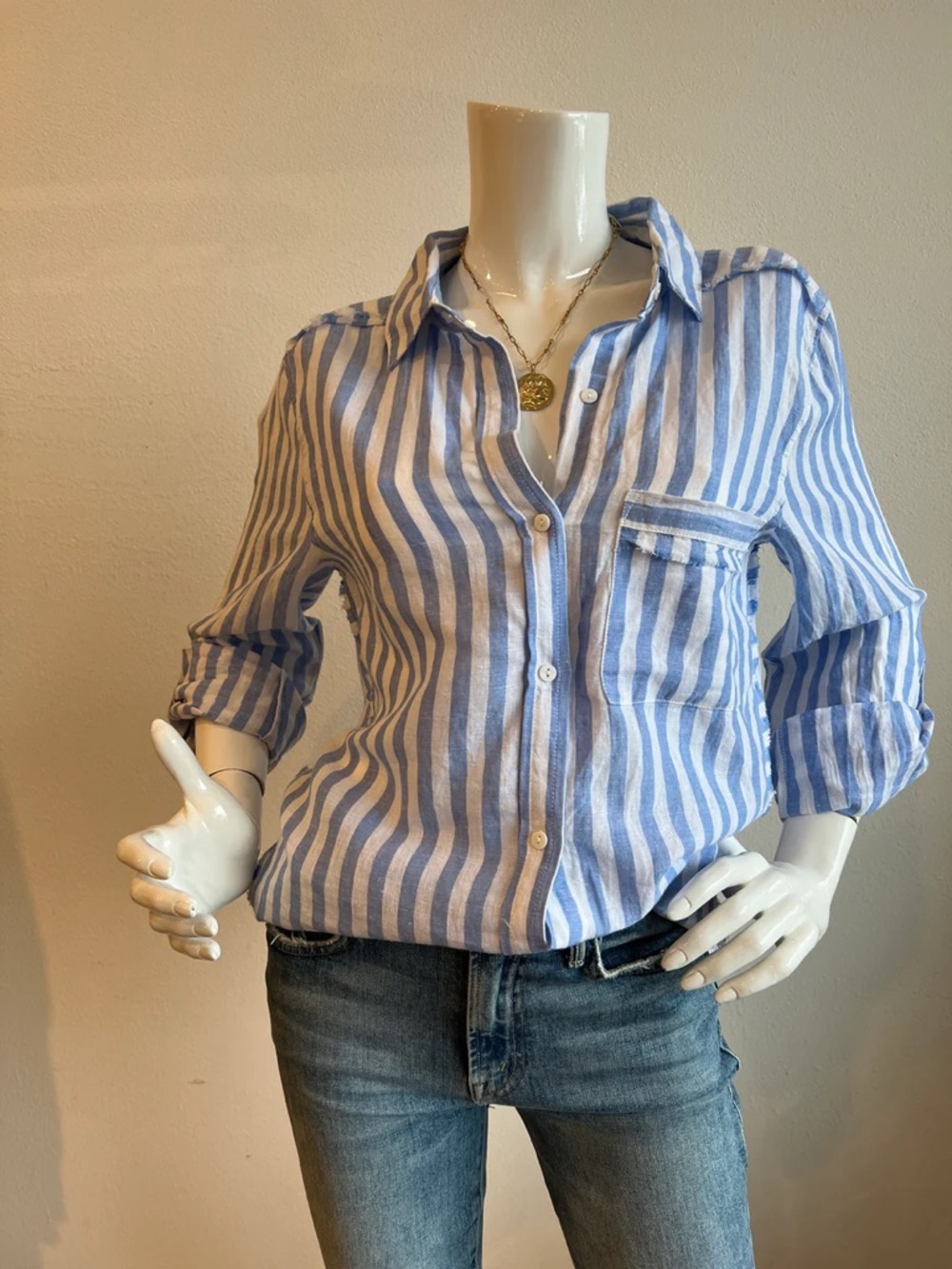 Melissa Nepton Blue White Striped Linen Button Front Frayed Hem Shirt XS